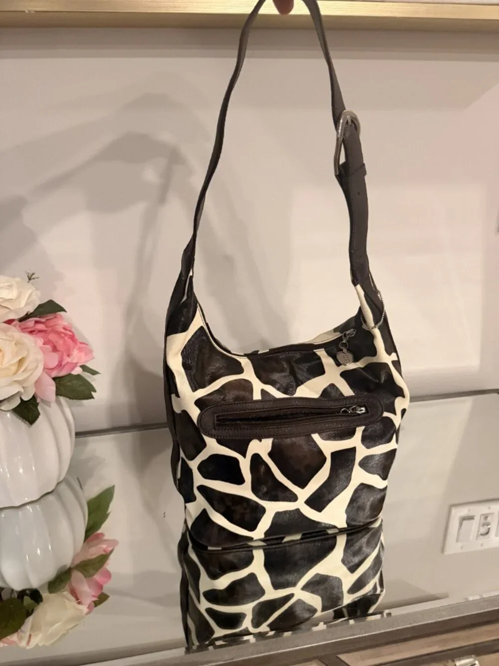 Dooney & Bourke Giraffe Print Hobo Shoulder Bag Brown Cream